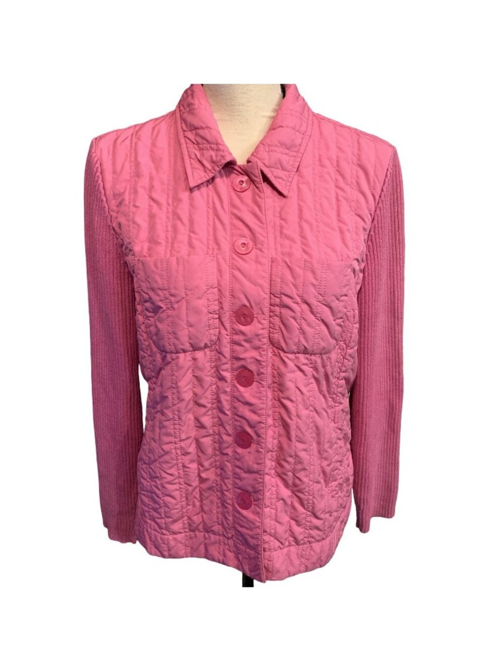 SIGRID OLSEN L Cardigan Jacket Sweater Quilted Ribbed Sleeves Pink Cottagecore